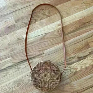 Round Rattan Bag Shoulder Leather Straps Bag